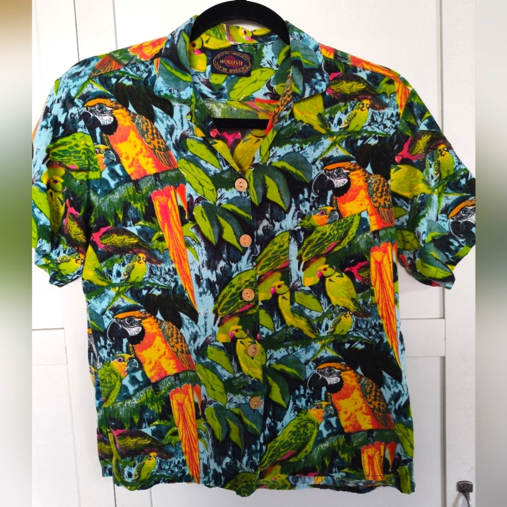 Wayne Rogers Vintage Parrot Hawaiian Shirt Women's Sz S Very Margaritaville 1987